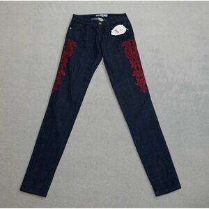 NWT Diamonds & Threads Jeans 7 Womens Low Rise Blue Red Embroidery Floral Denim